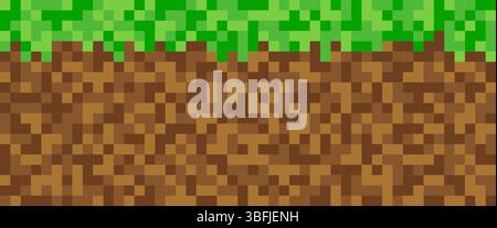 Pixel grass and ground seamless pattern. Pixelart computer block texture. Digital green grass and brown ground pattern. Game style squared background Stock Vector
