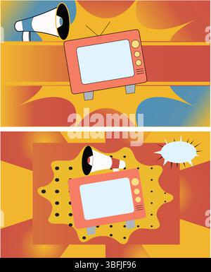 Social media campaign pop art style vibrant burst and yellow background with megaphone. Stock Vector