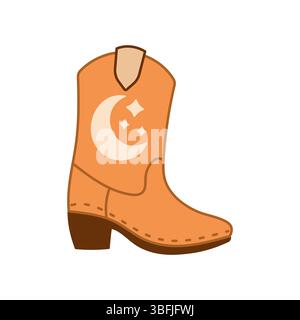 Stylish orange western cowboy boot featuring a moon and star motif, perfect for western-themed graphics, stickers, or digital design. Stock Vector