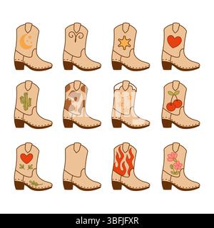 Set of western cowboy boots with unique decorative prints, great for creative projects, stickers, and digital design elements. Stock Vector