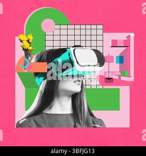 Retro pixel artwork. Woman using VR headset to explore bright 3D apartment interior with floating walls. Virtual reality in modern lifestyle Stock Photo