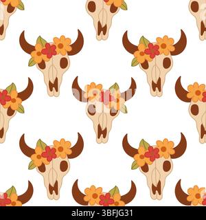 Seamless pattern with cow skulls adorned with flowers, perfect for creative backgrounds, wallpapers, and digital designs. Stock Vector