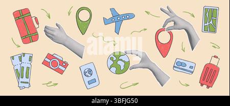 Travel collage with hands and elements crayon drawn set. Suitcase, location map, passport hand drawn grunge textured doodle isolated. Tourism bitmap p Stock Vector