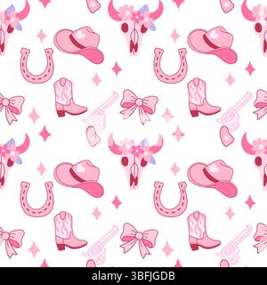 Seamless pattern with pink cow skulls, hats, boots, horseshoes, bows, and guns for backgrounds, wrapping paper, and wallpapers. Stock Vector