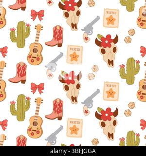 Fun seamless western pattern with cow skulls, cacti, guitars, revolvers, dice, boots, and wanted posters, ideal for backgrounds and digital designs. Stock Vector