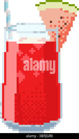Watermelon cocktail with straw and slice in pixel art style. Summer refreshing drink in retro 8-bit design. Cute and colorful illustration for menu Stock Vector