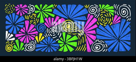 Firework highlights drawing by crayon set. Colorful night party firecrackers and splashes in scribble doodle style isolated on dark background. Carniv Stock Vector