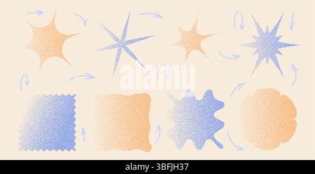 Geometric figures with grain noise gradient. Y2k retro stippling forms set. Star and rectangle icons isolated on beige background. Vector gritty grada Stock Vector