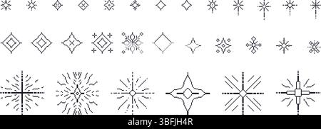 Pixel stars. 8bit sparkles. Festive firework icons in retro 90s style. Shine glitter Christmas decoration. Twinkle y2k snowflakes. Vintage party eleme Stock Vector