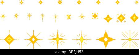 Pixel art yellow stars. 8 bit sparkles set. Magic firework icons in retro 90s style. Y2k snowflakes. Vintage party golden elements isolated on white b Stock Vector