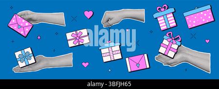 Halftone hands holding pixel art game gifts boxes collage set. Holiday sale mixed media elements. Cutout hand receiving gift. Happy birthday, annivers Stock Vector
