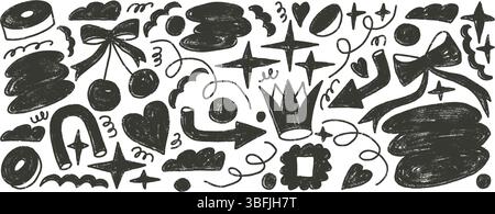 Charcoal drawn silhouette shapes set. Naive girly black doodle figures on white background. Crown, cherry, bow and geometric forms sketch linocut elem Stock Vector