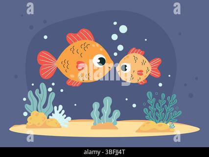 Two cute tropical fish and Sea Plants algae on sandy seabed. Funny Cartoon family Big and small character animal. Underwater seascape landscape. Vecto Stock Vector
