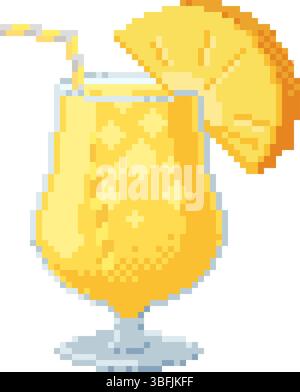 Tropical pineapple cocktail in pixel art style. Retro 8 bit summer drink with fruit slice and straw. Bright and playful design element for games, menu Stock Vector