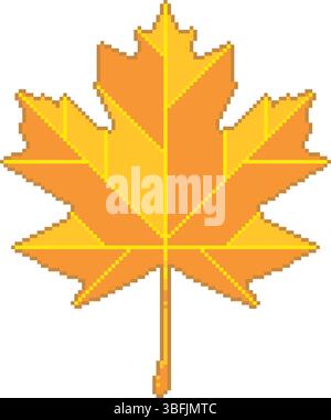 Pixel maple leaf. Autumn vector pixel art, 8 bit yellow maple leaf icon for video-game. Stock Vector