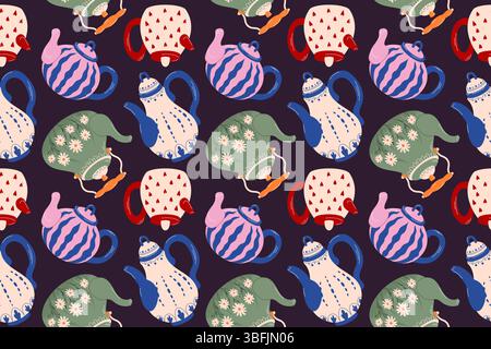 Seamless pattern with colorful vintage teapot on a dark background in flat style. Perfect for kitchen textile, wrapping paper or retro design. Stock Vector