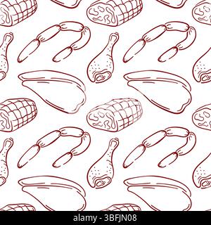 Seamless pattern of chicken fillet and leg, sausages and ham in line art style on white background. Perfect for delivery packaging, kitchen wallpaper Stock Vector