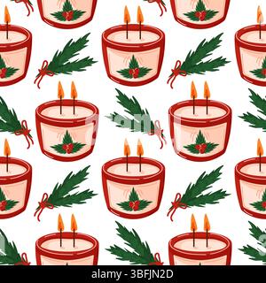 Seamless pattern with Aroma candle, red Christmas berries, evergreen branch in a candlestick cartoon style. Scented candle in jar. Design for gift Stock Vector