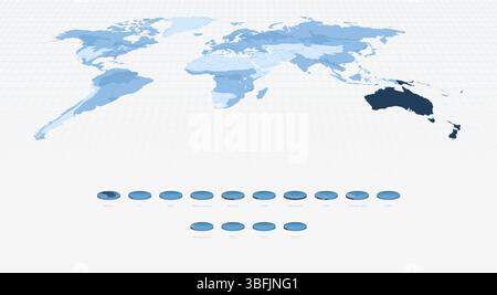 Oceanian Country Maps in Circular Isometric Style, Blue Tone. Maps in Circular Format. Stock Vector