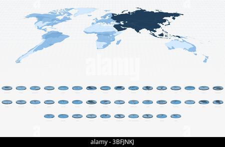 Asian Country Maps in Circular Isometric Style, Blue Tone. Maps in Circular Format. Stock Vector