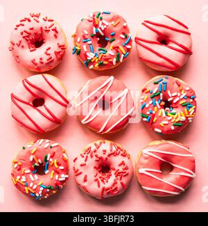 Top view of donuts with pink glaze and sprinkles on pink backdrop. Stock Photo