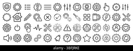 Setup and Settings vector line icon set. IU Gear icons collection. Management, Options, Configuration, Controls, Preferences, Setup, Control Panel, Eq Stock Vector