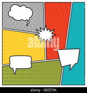 Colorful comic book page background in pop art style with empty speech bubbles. Template with rays and dots pattern. Vector illustration Stock Vector