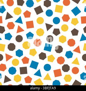 Seamless  geometric pattern with squares, triangles, circles, pentagons, hexagons and heptagons for tissue and postcards. Trendy geometric elements. H Stock Vector