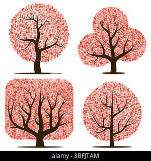 Four trees with red leaves isolated on a white background Stock Vector