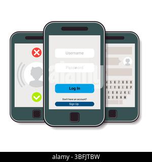 Set of three mobile phones. Mobile phone with authorization, incoming call and chat. Vector illustration Stock Vector
