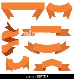 Set of seven orange ribbons and banners for web design. Great design element isolated on white background. Vector illustration. Stock Vector