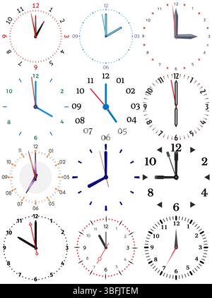 A set of different mechanical clocks with an image of each of the twelve hours. Clock face on white background. Stock Vector