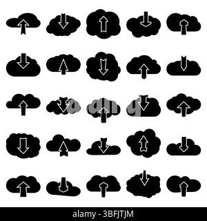 Set of twenty five black and white upload and download clouds icons. Vector illustration. Stock Vector
