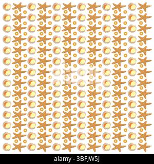 shells, starfish and oranges as a pattern background Stock Vector