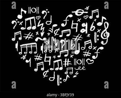 Heart shape filled with musical icons set. Charcoal stamp texture, cute underline symbols for kindergarten or school. White music note, lightning and Stock Vector