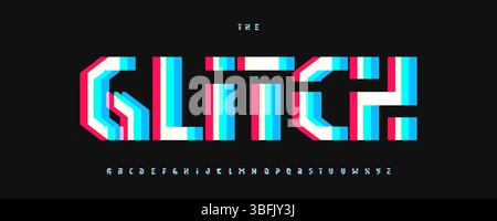 Glitch Geometric Font, Modern Geometrical Alphabet With RGB Split Effect in Blue, Red, and White on Black Background for Digital Art, Cyberpunk, Tech Stock Vector