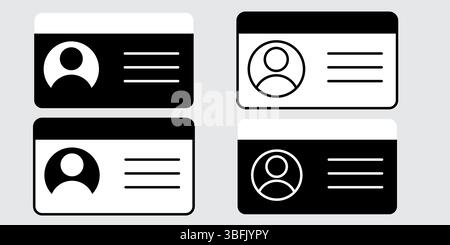 Black and white identification card and driver licence icons set perfect for government forms identity verification UI kits and personal document Stock Vector