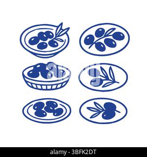 Set of hand drawn olives and olive branches in bowls and plates. Minimalist blue line illustrations, perfect for Mediterranean food themes and kitchen Stock Vector