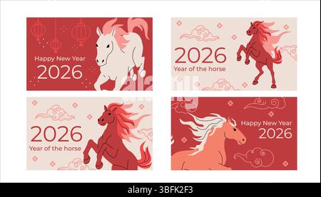 Set of flat vector greeting cards for Chinese New Year 2026. Stylized horses, clouds, and lanterns in red and beige colors. Celebrating Year of the Stock Vector