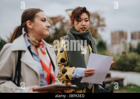 Two people discussing documents during an outdoor meeting in urban surroundings Stock Photo