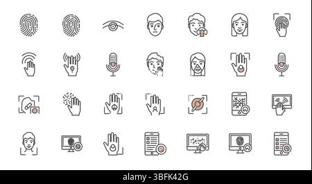 Biometrics Icon Set – Fingerprint, Face Recognition, Security, and Authentication Symbols Stock Vector
