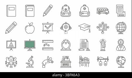 School Icon Set – Education, Learning, Classroom, and Academic Symbols Stock Vector
