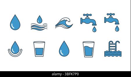 Clean Linear Water Icons Set – Outline Vector Collection of Aqua, Drop, Waves, Plumbing, Purification, Conservation, and Liquid Elements for UI Stock Vector