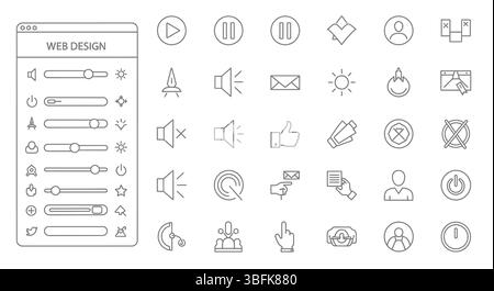 Modern Linear Web Design Icons Set – Outline Style Vector Collection of UI, UX, Coding, SEO, Responsive Layout, Digital Design Tools and Interface Stock Vector