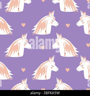 Cute sleeping unicorn seamless pattern. Unicorn portrait cartoon background. Fairy horses vector illustration. Stock Vector