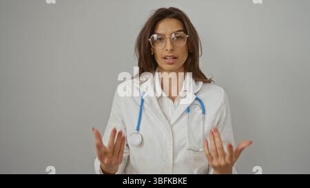 Woman doctor in white coat and glasses explaining with open hands isolated over white background with stethoscope. Stock Photo