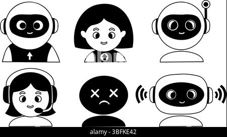Chatbot, AI faces, robot and Human Emotion Avatar hand drawing. Vector icon set showing expressions, tech support, virtual assistant, smart bot, secur Stock Vector