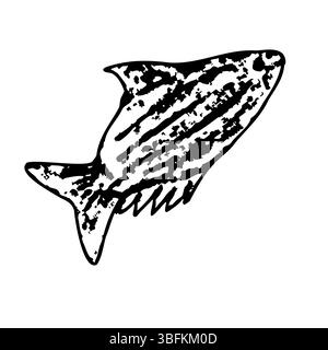 Artistic black and white illustration of a shark in underwater marine life theme. Vector illustration. Black fish on a isolated background. Ocean Stock Vector