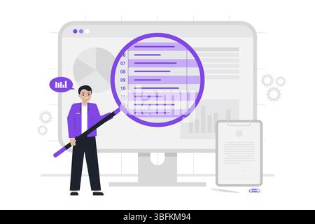 A business analyst examining data on a large screen with a magnifying glass, symbolizing thorough data analysis and insights Stock Vector
