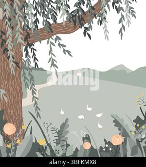 Green weeping willow tree and flowers rustic landscape. Tree branches and flowers summer vector Stock Vector